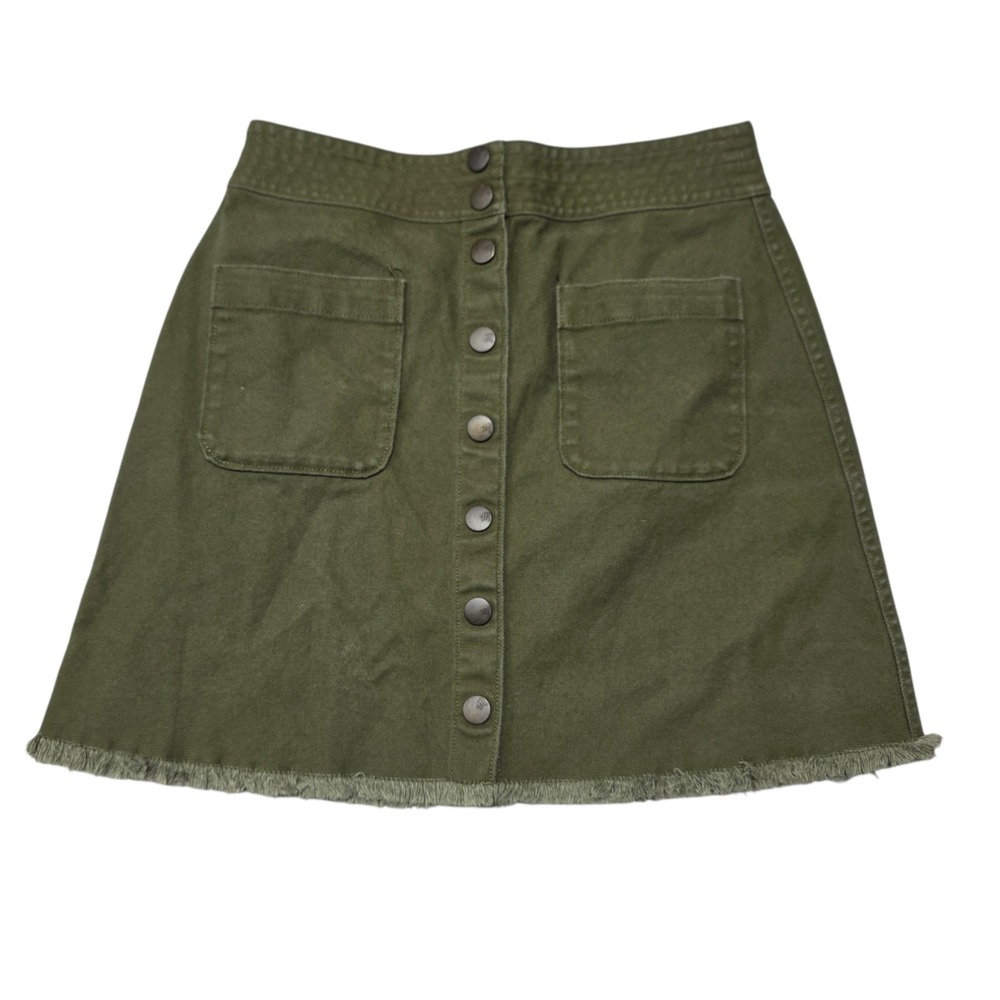 Madewell Button-Front Mini Skirt Women 0 Green Cotton Canvas Raw Hem Utility